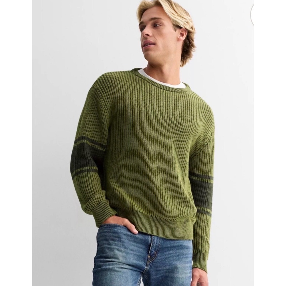 Sage + Steel Mens XXL Shaker Knit Sweater Olive Green Striped Sleeve Crewneck